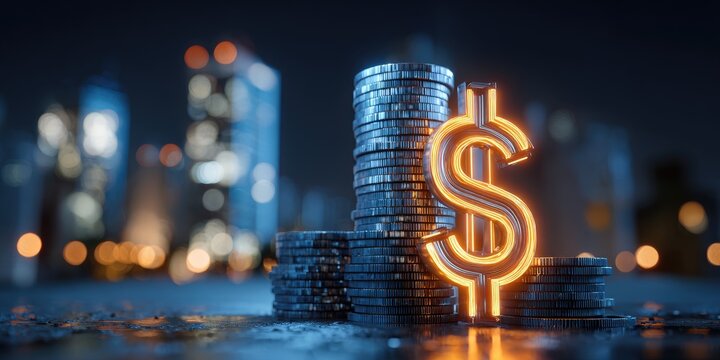 Stack of coins with glowing dollar sign, cityscape at night
