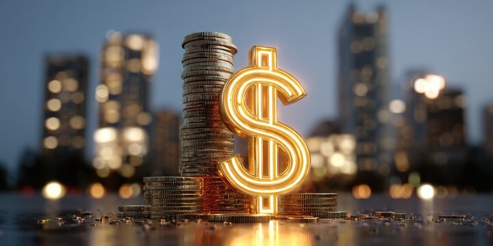 Golden dollar sign atop a stack of coins in a city skyline