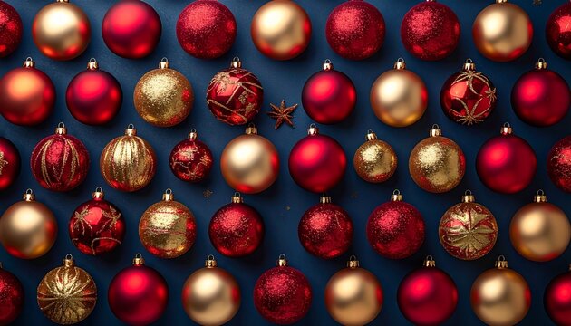 Symmetrical grid of red and gold Christmas ornaments with decorative patterns and gold beads on dark blue background for editorial festive photography holiday decor and poetic elegance-themed visuals