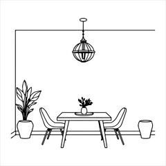 Scandinavian Interior Illustrated in Vector Style, This Stylish Dining Room Illustration Vector is Perfect for Digital Minimalist Home Décor Promotions in Flat Design for Gatherings.