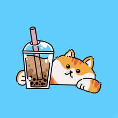Cute cartoon cat enjoying bubble tea in a flat colorful style, perfect for stickers, social media, and kawaii designs.