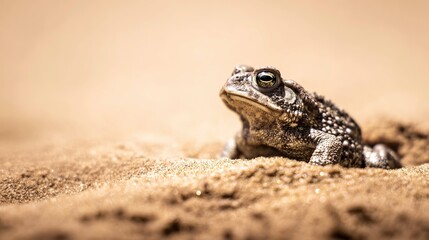 Obraz premium herpetology. Macro view of a Sonoran Desert Toad resting on sandy terrain in natural sunlight. wildlife magazines, conservation campaigns, designed for wildlife conservation campaigns.