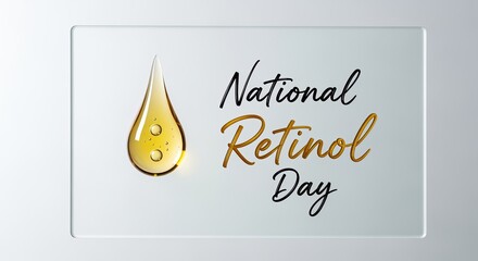 A design celebrating National Retinol Day with a golden droplet and elegant typography. The background is simple and clean, emphasizing the text and droplet.