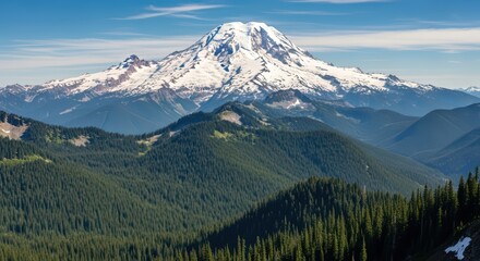 Obraz premium Majestic snow-capped mount rainier overlooking verdant forested landscape