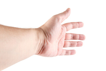 Adult male hand is open with palm facing up in a studio setting. Neutral mood emphasizes simplicity and clarity of the gesture.