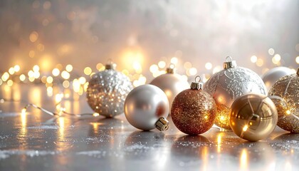 Silver Christmas ornaments with matte, metallic, and glitter finishes on reflective surface with warm lights for editorial festive photography holiday decor and poetic shimmer-themed visuals