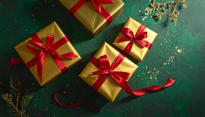 Gold gift boxes with red ribbon bows arranged on dark green background for editorial holiday photography festive decor and poetic generosity-themed visuals
