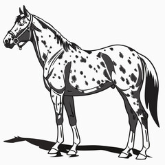 Stylized black and white illustration of a spotted appaloosa horse standing gracefully in profile with a shadow