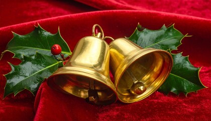 Golden Christmas bells with holly leaves and red berries on red velvet background for editorial holiday photography festive decor and poetic tradition-themed visuals