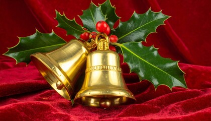 Golden Christmas bells with holly leaves and red berries on red velvet background for editorial holiday photography festive decor and poetic tradition-themed visuals