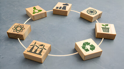 Wooden blocks arranged in a circle, each with a different icon representing renewable energy sources and sustainable practices, symbolizing environmental awareness