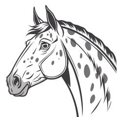 Stylized black and white illustration of an appaloosa horse head with distinctive spots and flowing mane