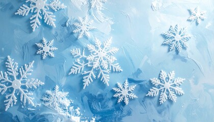 Detailed snowflakes on icy surface with hexagonal symmetry and cool blue background for editorial winter photography scientific decor and poetic stillness-themed visuals