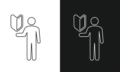 Japanese Beginner Driver Icon with Person Holding Shoshinsha (Wakaba) Mark - Line Art Symbol for New Learners and Novices.