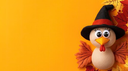 Fall turkey character with hat and wings on bright yellow background perfect for autumn-themed design and seasonal greetings