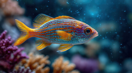 Fototapeta premium Vibrant tropical fish swimming in colorful coral reef with detailed aquatic environment, marine life, marine ecosystem, and underwater scene for aquarium enthusiasts