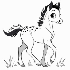 Cute cartoon foal with black mane and tail spotted body and playful expression standing in grass