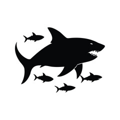 Silhouette of a menacing shark surrounded by smaller fish in black and white, shark chasing fish silhouette vector illustration