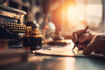 Vintage office desk with sunlight, ink bottle, typewriter, and hand writing on paper, creating nostalgic and focused atmosphere in retro workspace setting