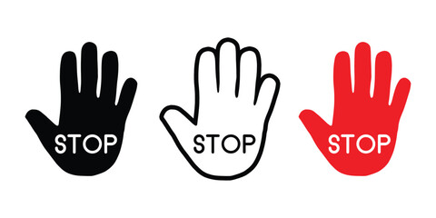Stop Hand Icon Set. Red, Black, and White Safety Signs