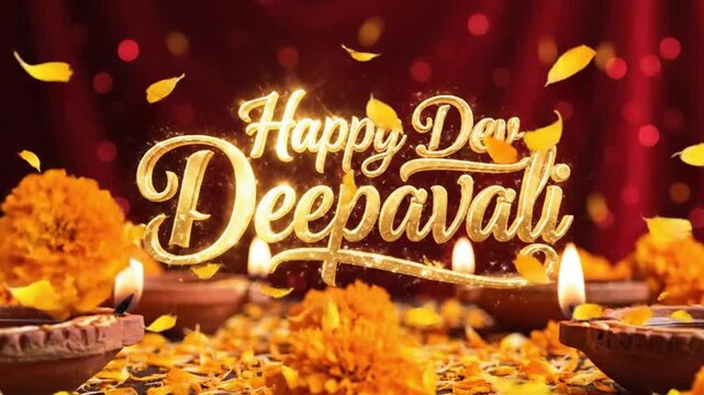 happy dev deepavali glowing lamps marigold flowers celebration