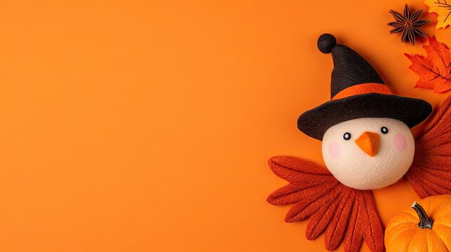 Felt turkey character with wings and hat celebrating the first day of fall in a warm studio setting with vibrant autumn colors