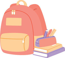Pastel Hand Drawn School Backpack with Pencil Case with Pencil, Pen and Ruler and Notebook for School illustration