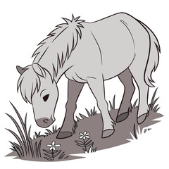 Charming cartoon illustration of a gentle gray horse grazing peacefully in a grassy meadow with small white flowers