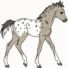 Cute cartoon appaloosa horse foal with brown spots walking gracefully on a white background