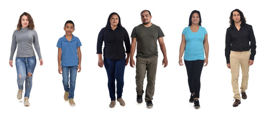 front view of a group of Latin American people walking on white background