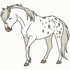 Stylized cartoon illustration of a white spotted horse with a flowing mane and tail standing peacefully