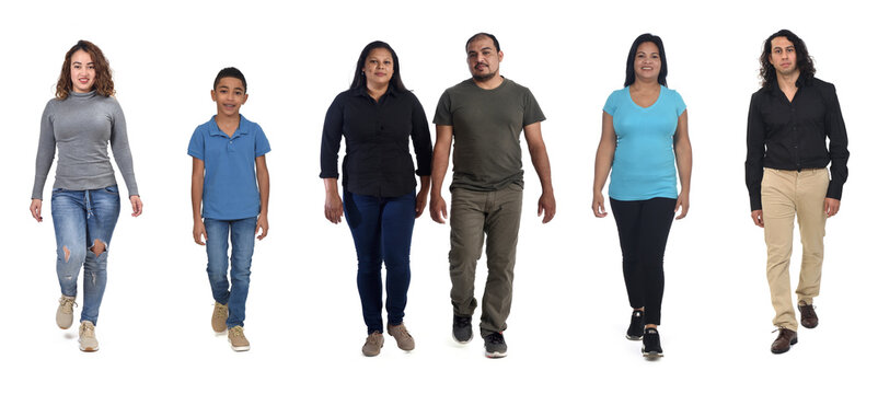 front view of a group of Latin American people walking on white background