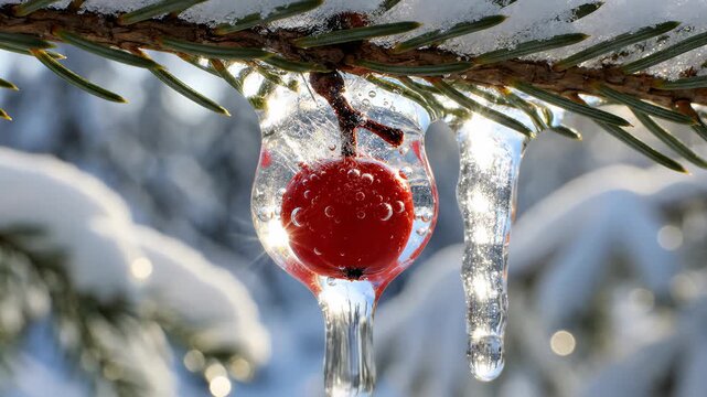 Red Berry Frozen in Ice on Evergreen Branch, Winter