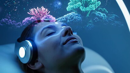 Woman experiencing vivid imagination and cosmic visions while wearing advanced meditation headset with glowing coral formations emerging from her mind - Powered by Adobe