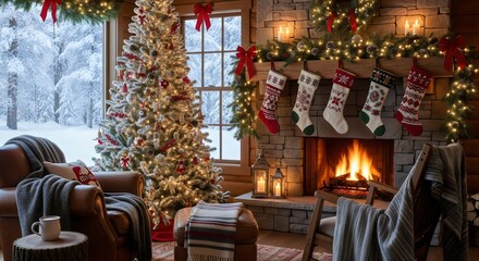
“Elegant holiday living room with white Christmas tree, glowing fireplace, stockings, soft lights, warm and festive winter atmosphere, ultra-realistic.”
