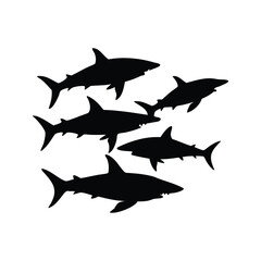 A monochrome silhouette of a group of sharks swimming in formation, shark swimming in group silhouette vector illustration