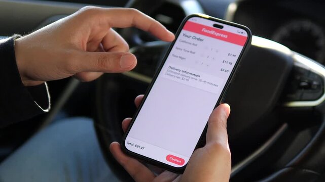 A close-up shot of a persons hands customizing their food order directly from their car. The video shows the smartphone screen of a delivery app as the user adjusts the quantity of items in their cart