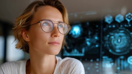 A professional woman in casual attire gazes ahead with determination, digital data and holographic charts in the background. The scene symbolizes future technology and creative thinking - Powered by Adobe