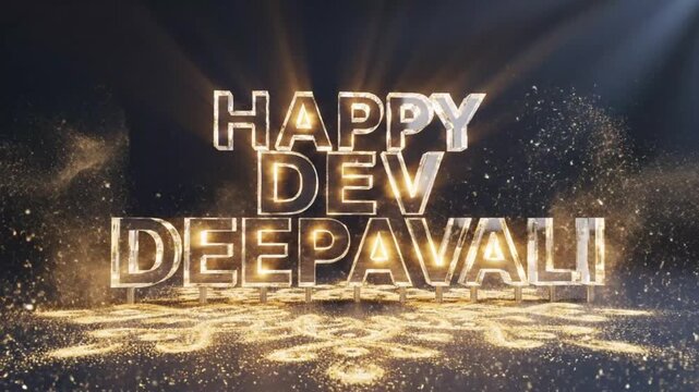 happy dev deepavali text animation golden particles glowing