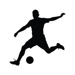 Silhouette of a soccer player kicking a ball in black and white, soccer player kicking ball silhouette vector illustration