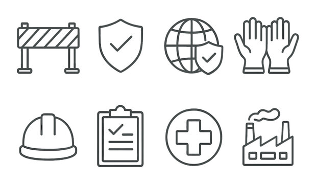 Industrial safety icons: barricade, shield, globe, gloves, helmet, checklist, cross, factory.