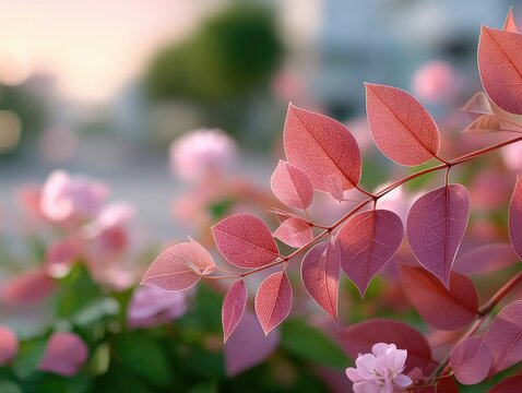 Close up Macro Photo Of Colorful Red Leaves With White Dew Droplets In Soft Morning Sunlight With Blurred Pink Flowers And Green Foliage Background