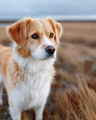 Close up Macro Portrait of a Golden Retriever Dog Outdoors with Golden Brown Fur and White Chest Standing in a Field of Dry Grass with a Blurred Background and Soft Lighting