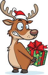 Funny cartoon reindeer wearing Santa hat holding Christmas gift box, cute festive holiday illustration for winter celebration and seasonal greeting design