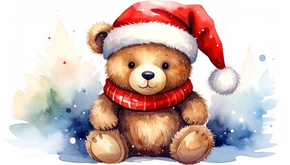 A teddy bear wearing christmas hat illustration watercolor children's, isolated on white background