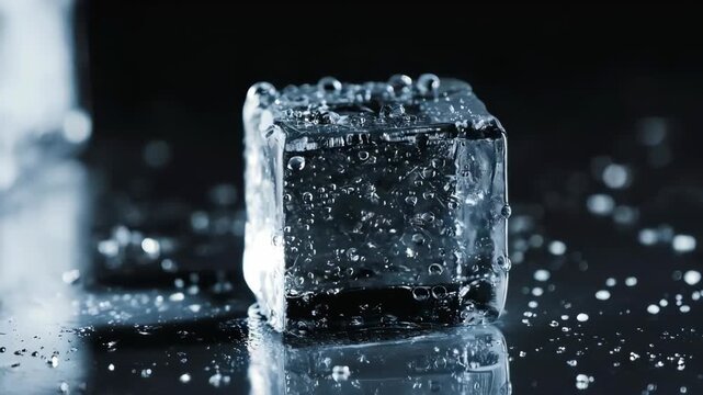 Crystal clear ice cube with water droplets, reflecting, on a dark surface