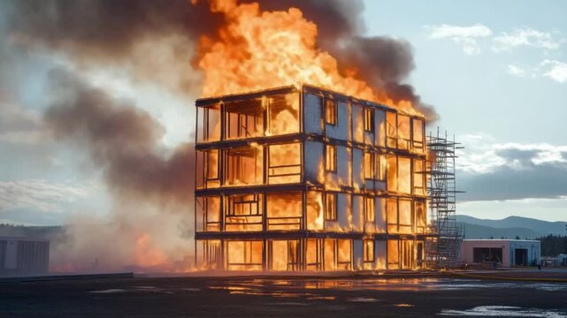 Raging Inferno: A multi-story structure is consumed by an intense blaze, with towering flames and dense smoke billowing into the sky, creating a dramatic spectacle of destruction.