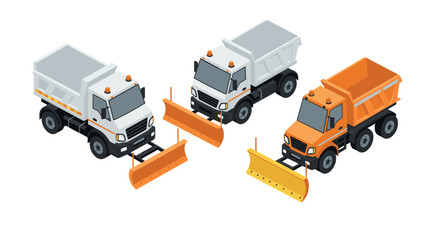 Isometric dump trucks with snow plows for urban winter road maintenance