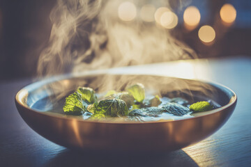Close up of steam rising from bowl of hot herbal water fresh mint leaves floating warm light relaxing atmosphere aromatic healthy natural spa wellness soothing