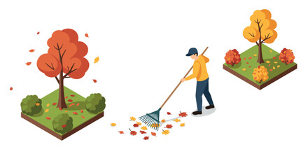 Isometric autumn scene with man raking leaves next to colorful trees and bushes